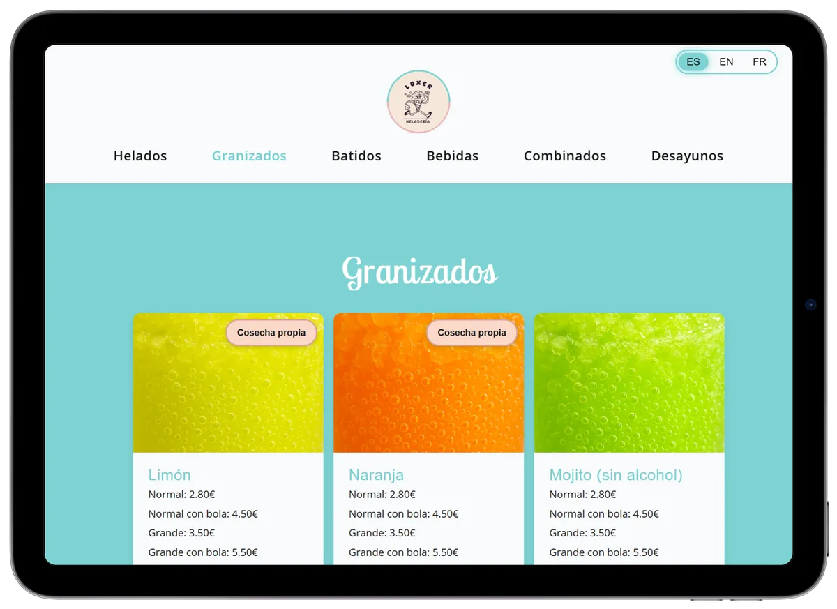 Vista en tablet del proyecto Heladería Luxer